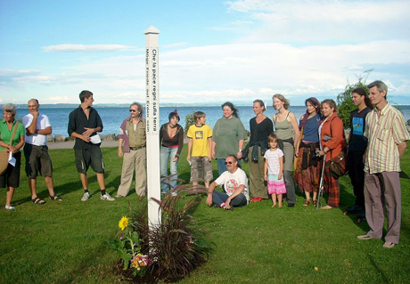 Peace Pole on shoreline of Switzerland, Germany and Austria