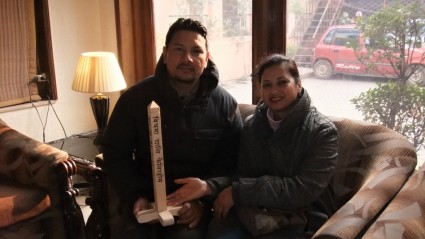 Mr. & Mrs. Thapas and the small Peace Pole made for them